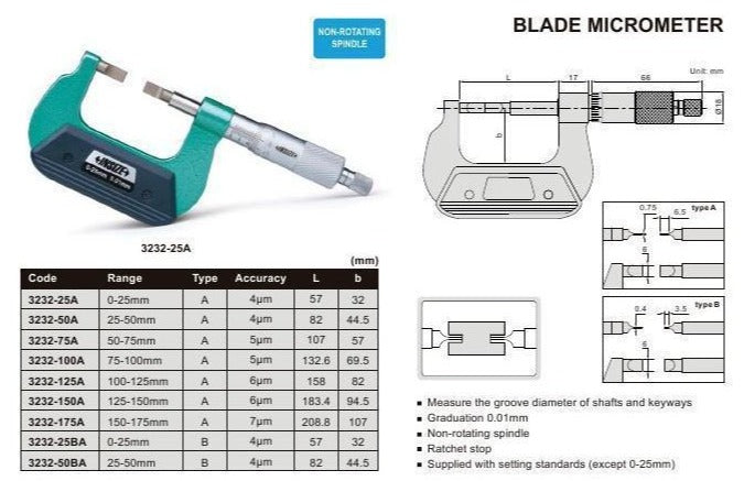 BLADE MICROMETER | 25 - 50mm x 0.01mm | INSIZE 3232-50BA