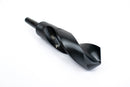 Angled view of a 1-1/16" HSS reduced shank drill bit, focusing on the sharp drill point and shank.