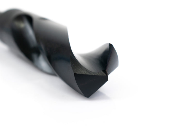 Close-up of the drill point on a 1-1/16" HSS reduced shank drill bit, showcasing its precision tip.