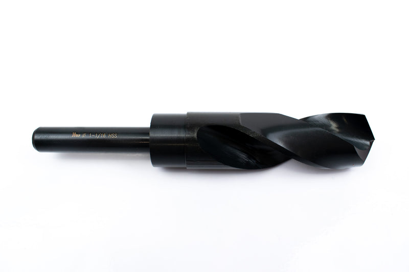 Side view of a 1-1/16" HSS reduced shank drill bit, showing the shank and pointed drill tip.