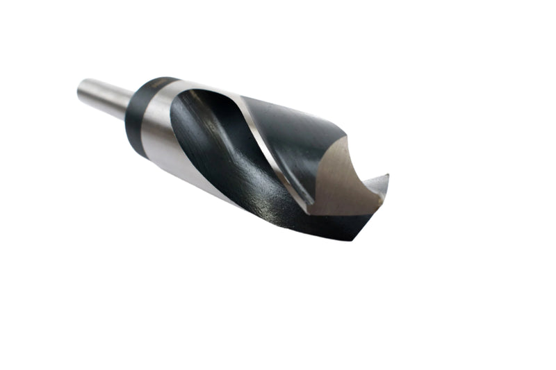 Angled view of a 1-1/4" HSS reduced shank drill bit, focusing on the sharp drill point and shank.