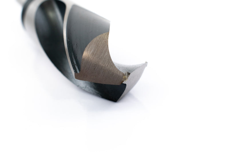 Close-up of the drill point on a 1-1/4" HSS reduced shank drill bit, showcasing its precision tip.