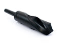 Angled view of a 1-1/8" HSS reduced shank drill bit, focusing on the sharp drill point and shank.