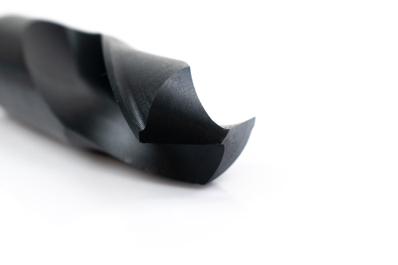 Close-up of the drill point on a 1-1/8" HSS reduced shank drill bit, showcasing its precision tip.