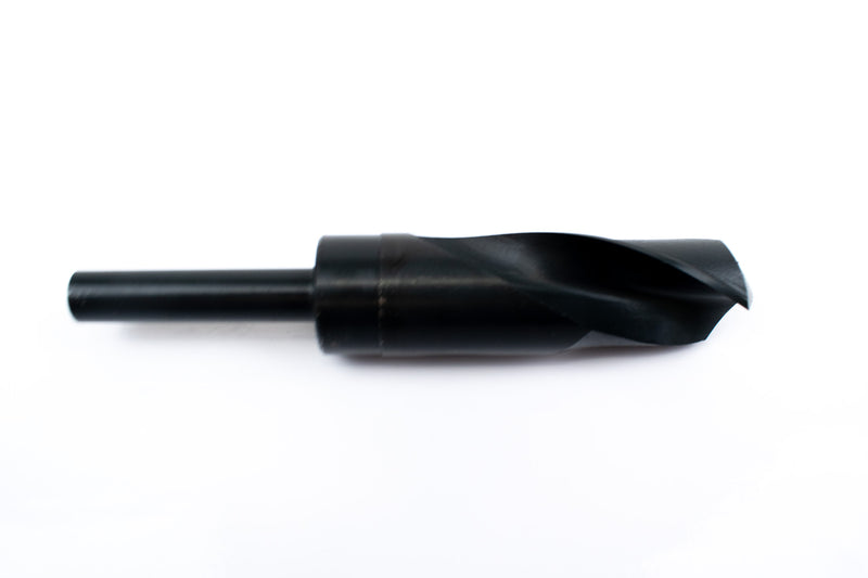 Side view of a 1-1/8" HSS reduced shank drill bit, showing the shank and pointed drill tip.