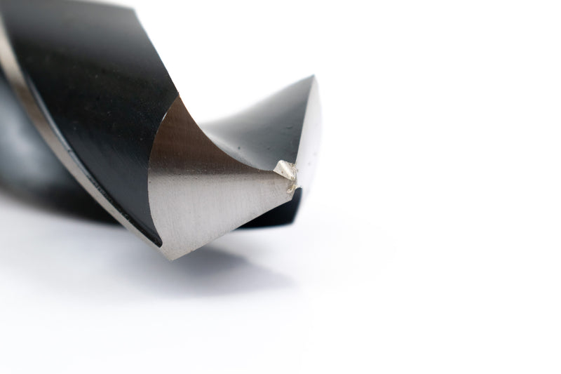 Close-up of the drill point on a 1-3/16" HSS reduced shank drill bit, showcasing its precision tip.
