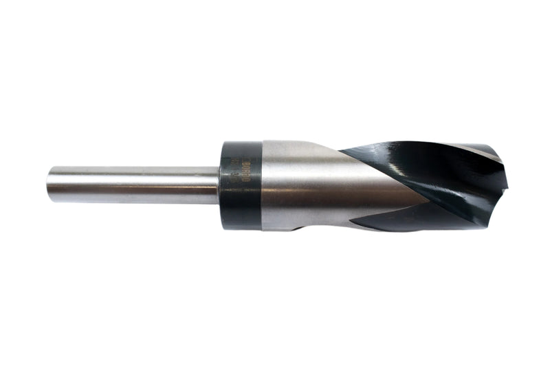 Side view of a 1-3/16" HSS reduced shank drill bit, showing the shank and pointed drill tip.