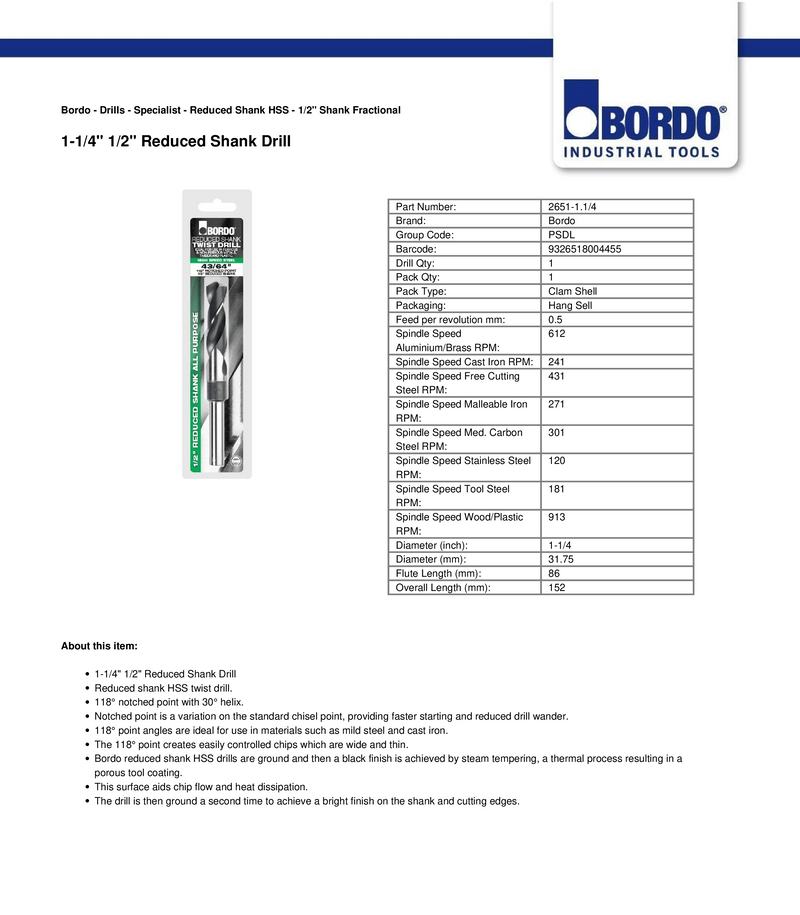 Catalog image showing a 1-1/4" reduced shank Bordo drill bit. The drill bit is clearly displayed with its smaller shank and larger cutting diameter, ideal for use in smaller chucks. The image highlights the high-quality construction and versatility of the Bordo drill bit for various materials