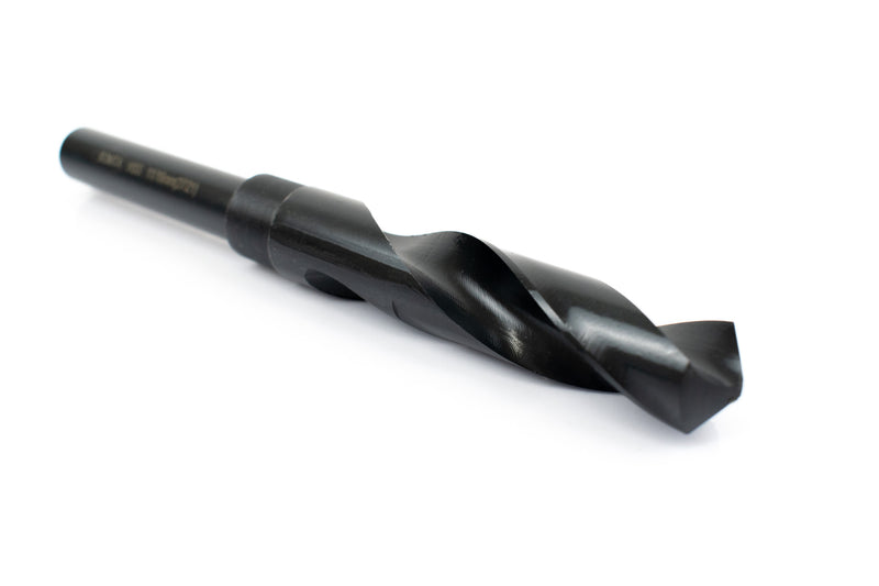 Angled view of an 11/16" HSS reduced shank drill bit, focusing on the sharp drill point and shank