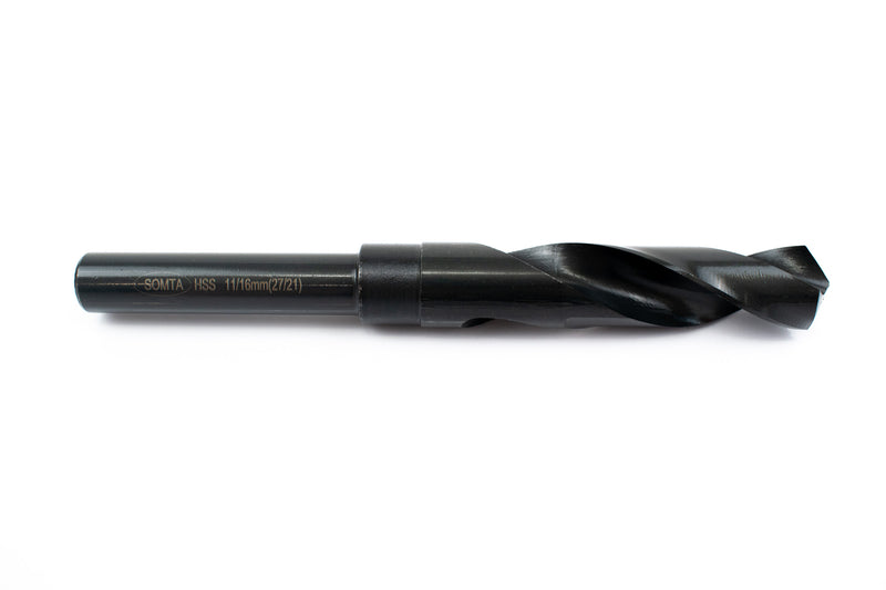 Side view of an 11/16" HSS reduced shank drill bit, showing the shank and pointed drill tip.