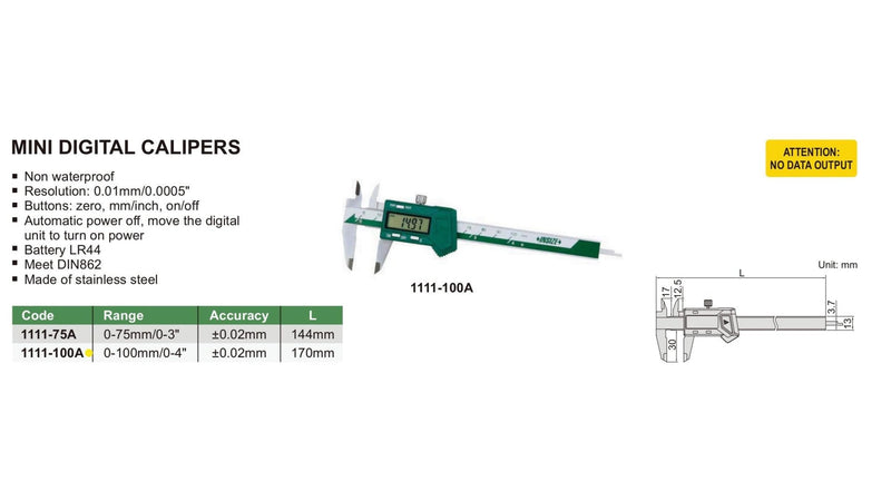 MINI DIGITAL CALIPER - INSIZE 1111-100A 0-100mm / 0-4"