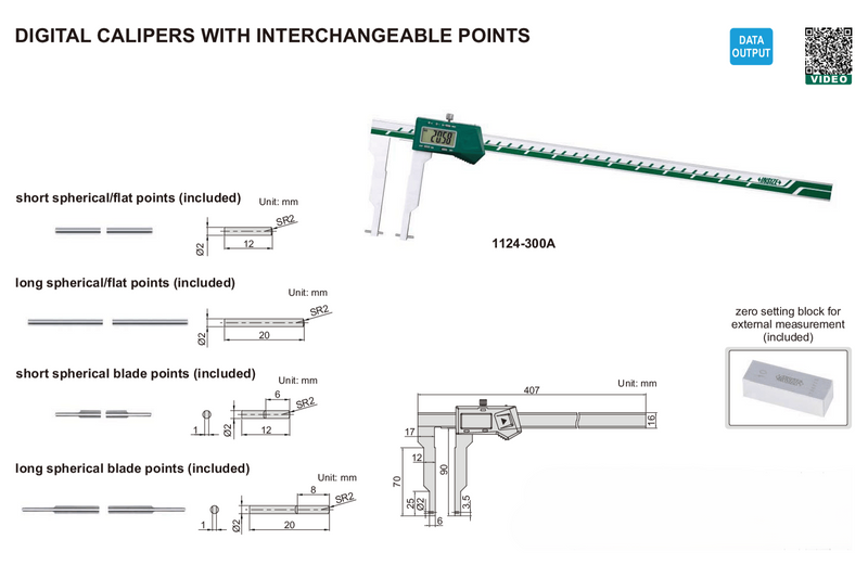 INTERCHANGEABLE POINT DIGITAL CALIPER - INSIZE 1124-300A 0-300mm / 0-12"