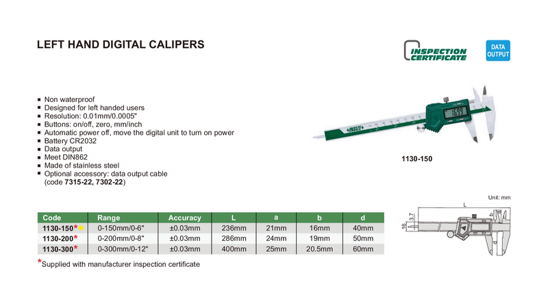 LEFT HAND DIGITAL CALIPER - INSIZE 1130-150 0-150mm / 0-6"