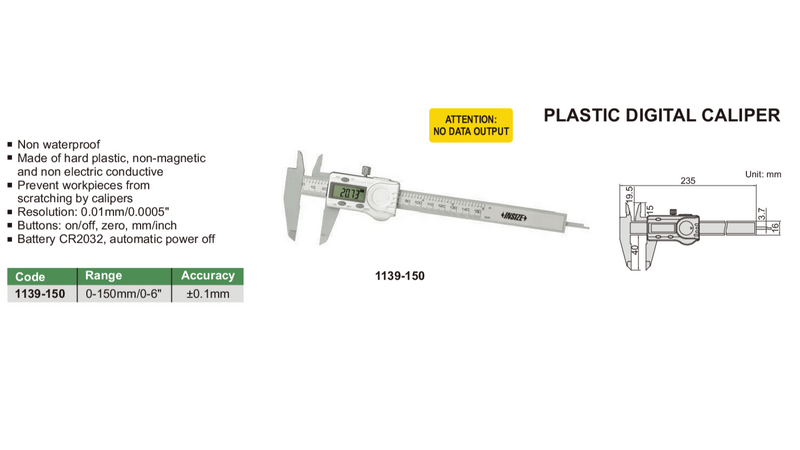 PLASTIC DIGITAL CALIPER - INSIZE 1139-150 0-150mm / 0-6"