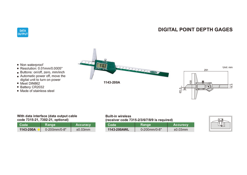 DIGITAL POINT DEPTH GAUGE | 0 - 200mm x 0.01mm | INSIZE 1143-200A