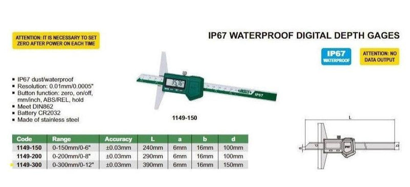 WATERPROOF DIGITAL DEPTH GAUGE | 300mm / 12" | INSIZE 1149-300