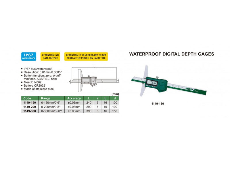 WATERPROOF DIGITAL DEPTH GAUGE - INSIZE 1149-200 0-200mm / 0-8"