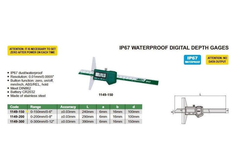 WATERPROOF DIGITAL DEPTH GAUGE - INSIZE 1149-150 0-150mm / 0-6"