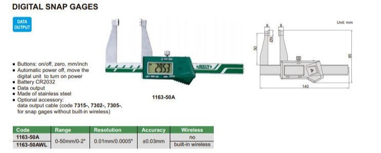 DIGITAL SNAP GAUGE - INSIZE 1163-50A 0-50mm / 0-2"