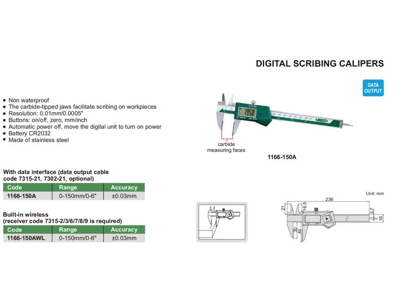 DIGITAL SCRIBING CALIPER - INSIZE 1166-150A 0-150mm / 0-6"