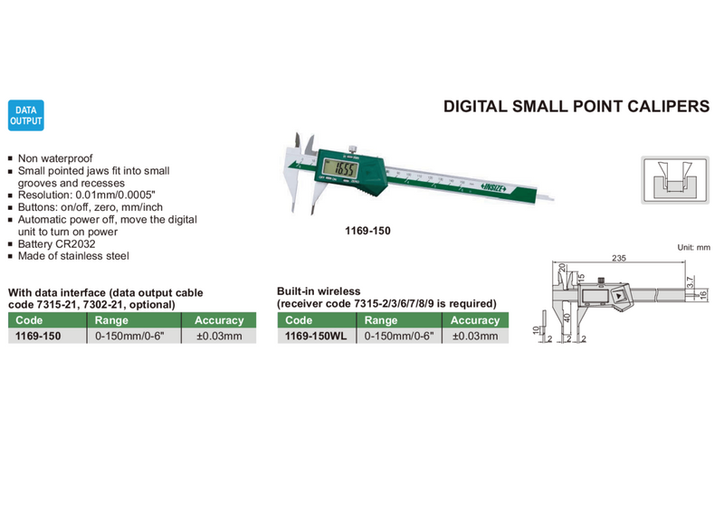 DIGITAL SMALL POINT CALIPER - INSIZE 1169-150 0-150mm / 0-6"