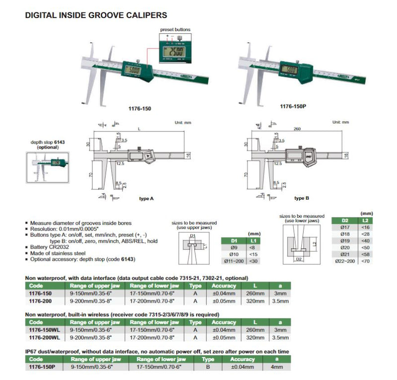 DIGITAL INSIDE GROOVE CALIPER - INSIZE 1176-150 9-150mm / 0.35-6"