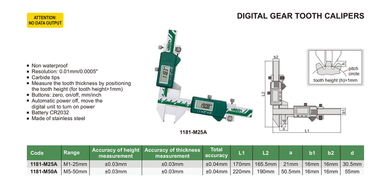 DIGITAL GEAR TOOTH CALIPER | 5 - 50mm x 0.01mm | INSIZE 1181-M50A