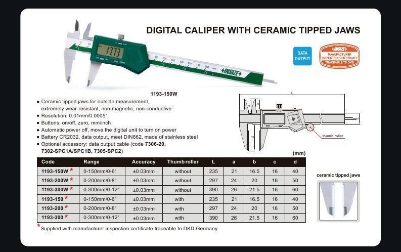 CERAMIC JAW DIGITAL CALIPER - INSIZE 1193-200 0-200mm / 0-8"