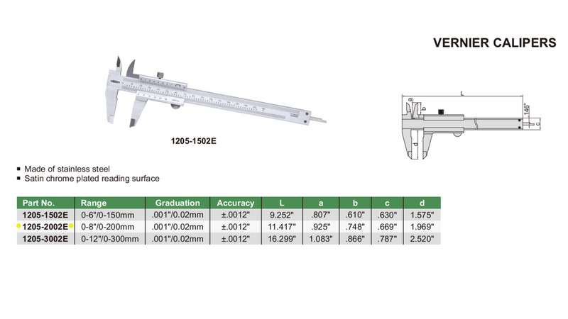 VERNIER CALIPER - INSIZE 1205-2002E 0-200mm / 0-8"