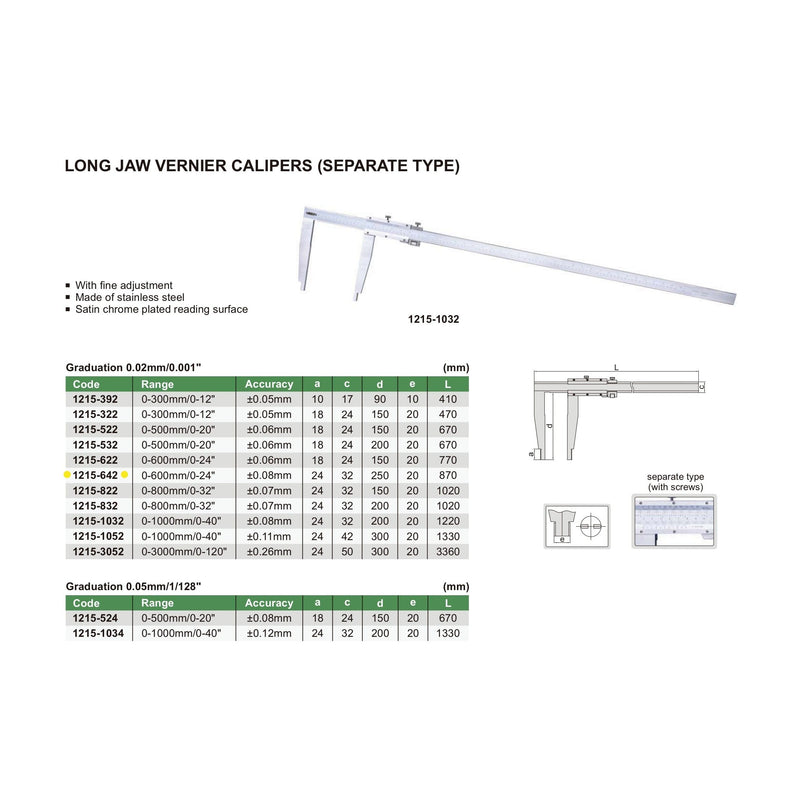 LONG JAW VERNIER CALIPER - INSIZE 1215-642 0-600mm / 0-24"