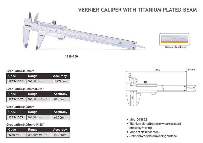 TITANIUM BEAM VERNIER CALIPER - INSIZE 1219-150 0-150mm / 0-6"