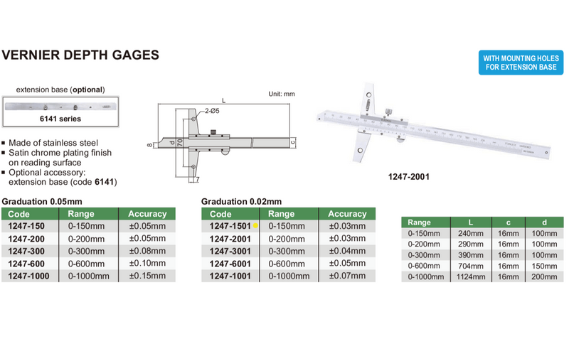 VERNIER DEPTH GAUGE - INSIZE 1247-1501 0-150mm