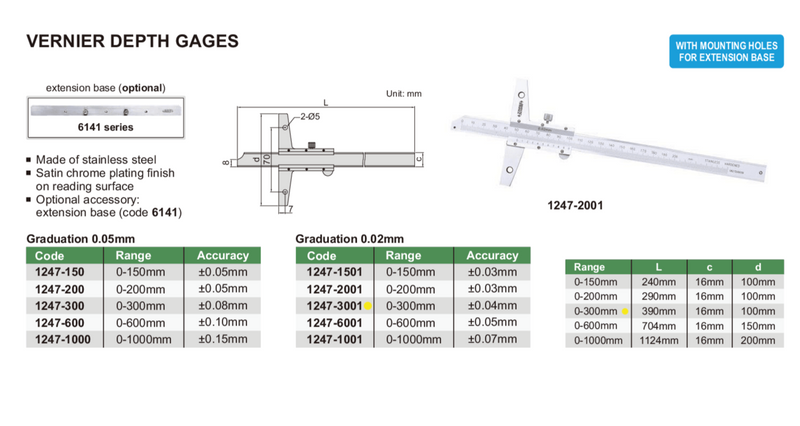 VERNIER DEPTH GAUGE - INSIZE 1247-3001 0-300mm