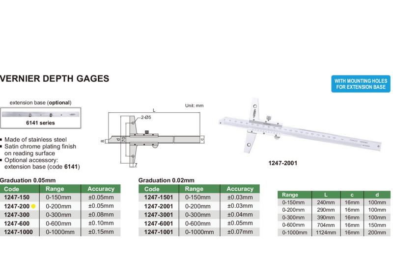 VERNIER DEPTH GAUGE - INSIZE 1247-200 0-200mm