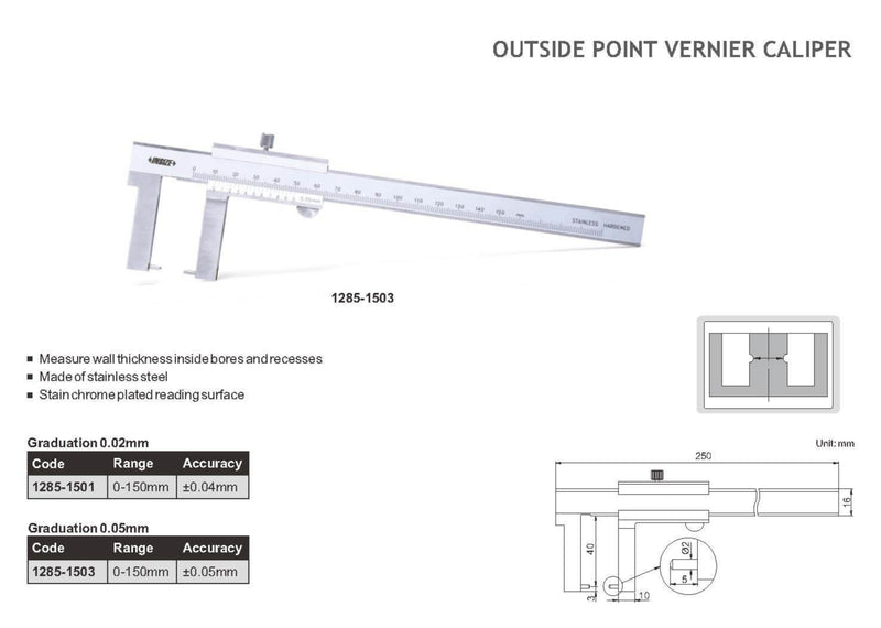 OUTSIDE POINT VERNIER CALIPER - INSIZE 1285-1501 0-150mm