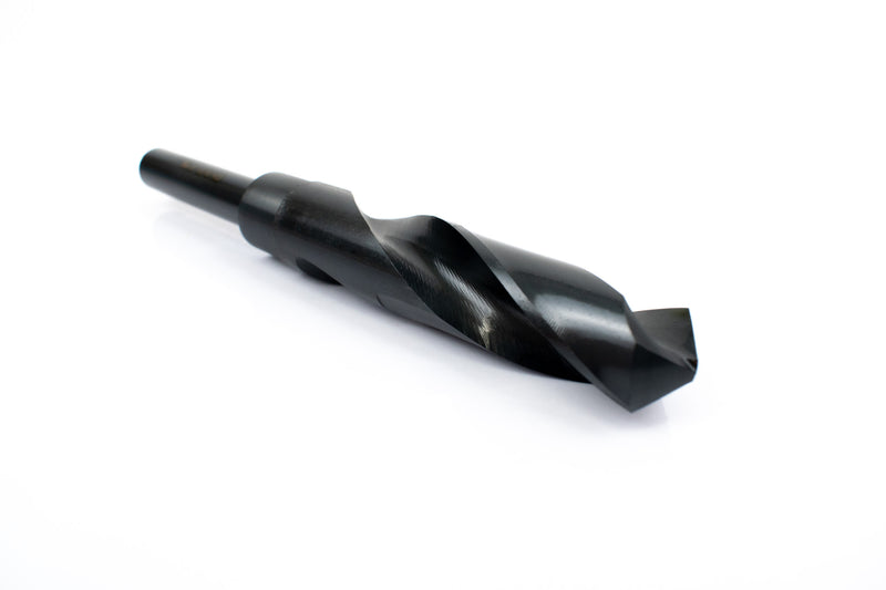 Angled view of a 13/16" HSS reduced shank drill bit, focusing on the sharp drill point and shank.