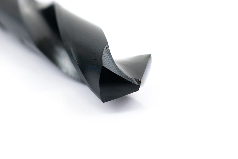 Close-up of the drill point on a 13/16" HSS reduced shank drill bit, showcasing its precision tip.
