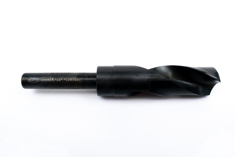 Side view of a 15/16" HSS reduced shank drill bit, showing the shank and pointed drill tip.