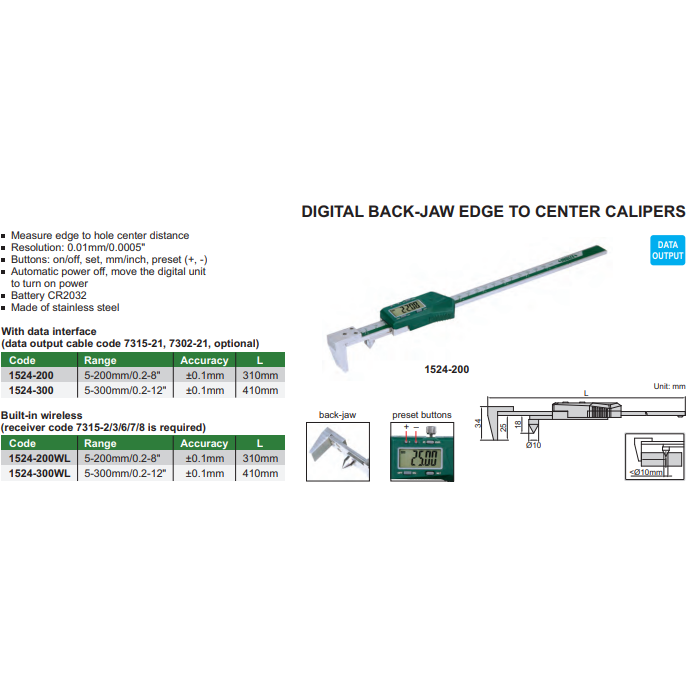 DIG BACK JAW/CENT CALIPER 02"-8" - 1524-200