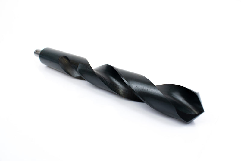 Angled view of a 1" HSS reduced shank drill bit, focusing on the sharp drill point and shank.