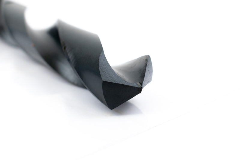 Close-up of the drill point on a 1" HSS reduced shank drill bit, showcasing its precision tip.