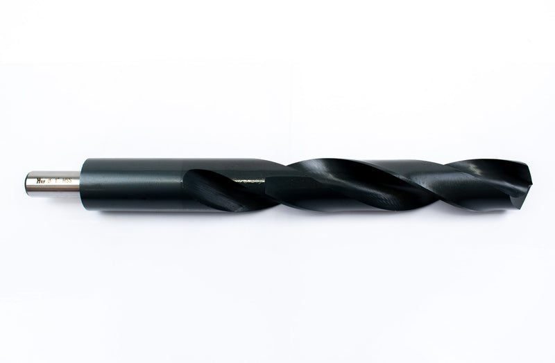 Side view of a 1" HSS reduced shank drill bit, showing the shank and pointed drill tip.