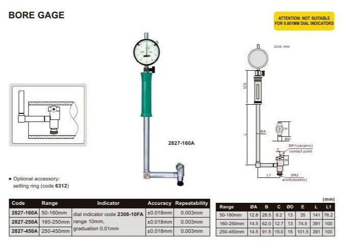 BORE GAUGE | 160 - 250mm x 0.01mm | INSIZE 2827-250A