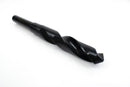 Angled view of a 21/32" HSS reduced shank drill bit, focusing on the sharp drill point and shank.