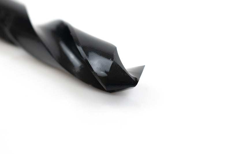 Close-up of the drill point on a 21/32" HSS reduced shank drill bit, showcasing its precision tip.