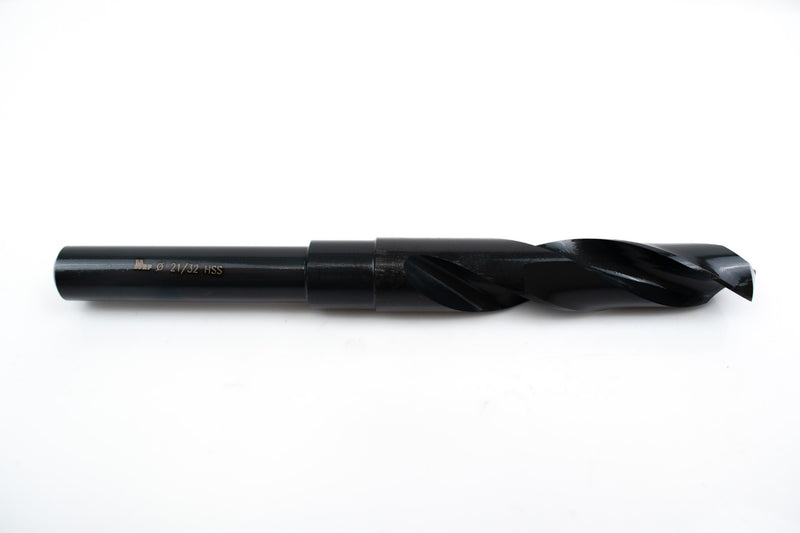 Side view of a 21/32" HSS reduced shank drill bit, showing the shank and pointed drill tip