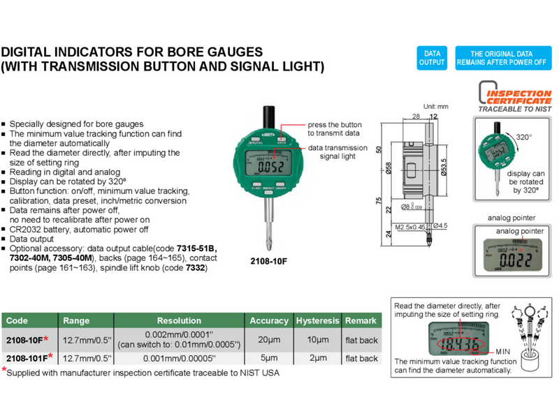 BORE GAUGE DIGITAL INDICATOR - INSIZE 2108-10F 12.7mm / 0.5"
