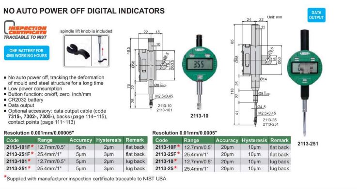 DIGITAL INDICATOR - INSIZE 2113-101 12.7mm / 0.5" (No Auto Power Off)