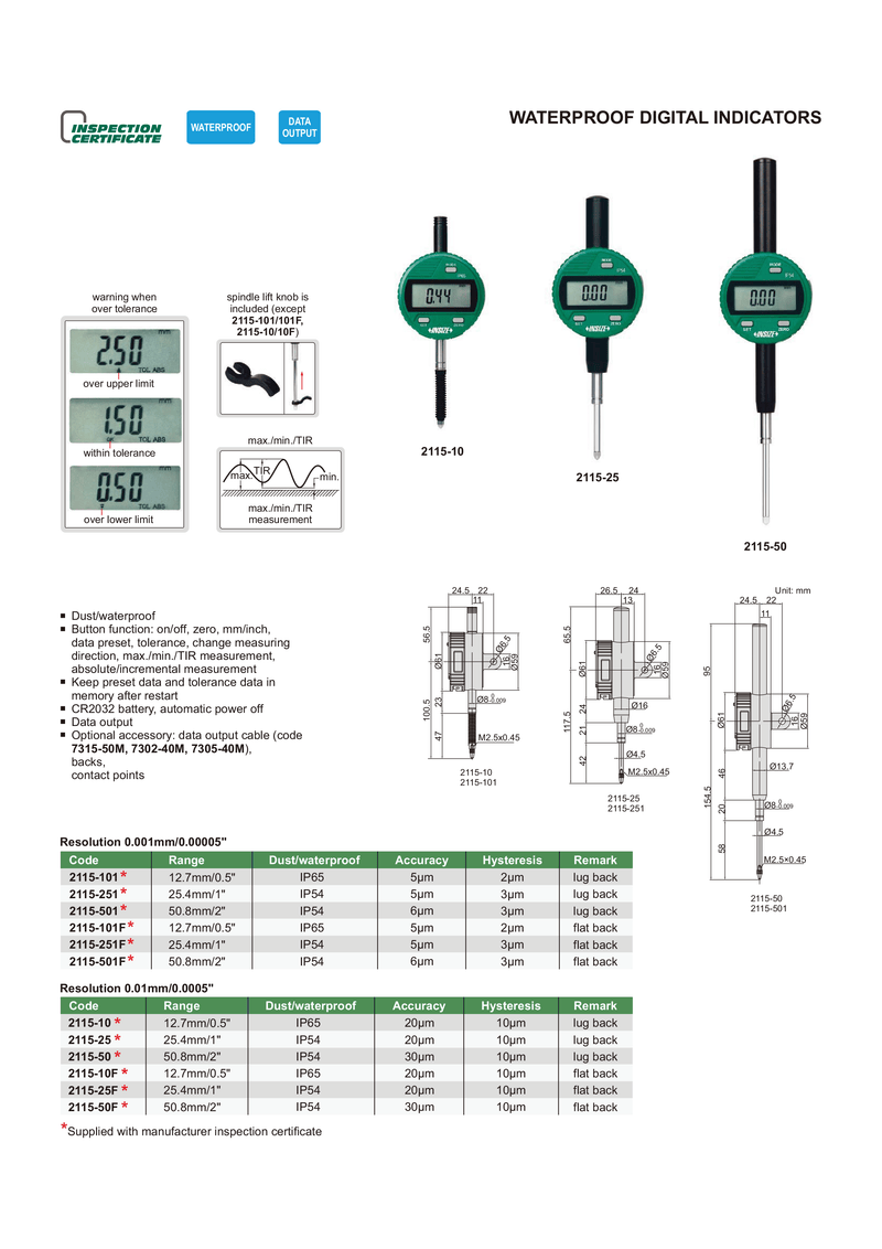 COOLANT PROOF DIGITAL INDICATOR - INSIZE 2115-251 25.4mm / 1"