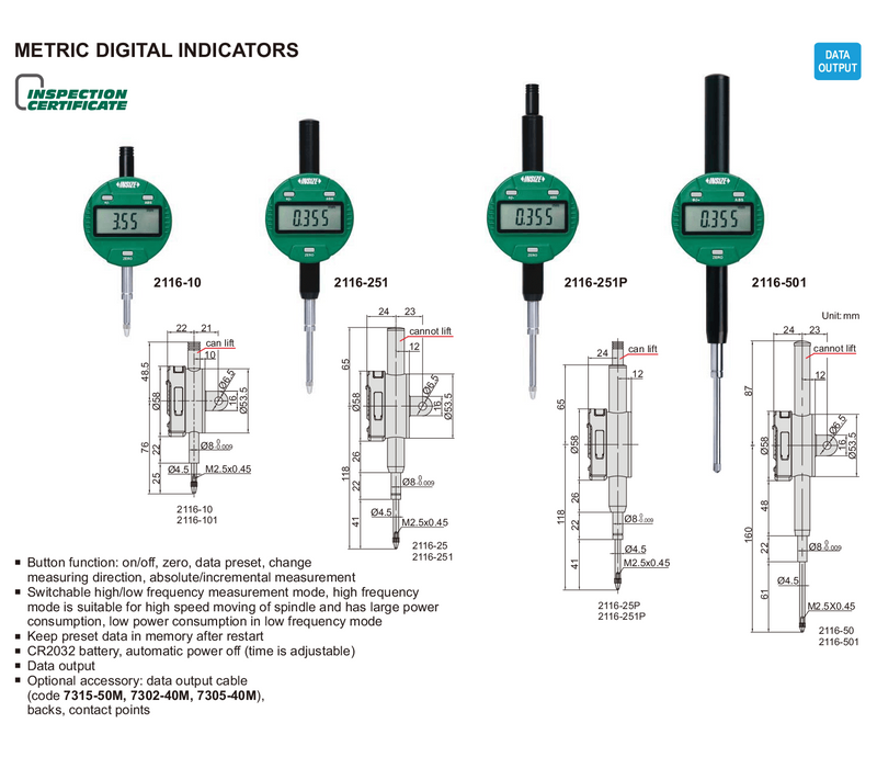 METRIC DIGITAL INDICATOR - INSIZE 2116-10 12.7mm